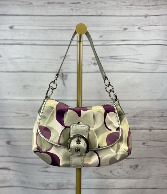 Coach Handbags - Coach Soho Signature Scarf Print Small Shoulder Bag Purple Silver Satin Handbag